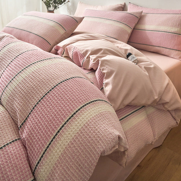 Nordic style pure cotton yarn-dyed waffle four-piece cotton quilt cover bed sheet three-piece set student dormitory bedding