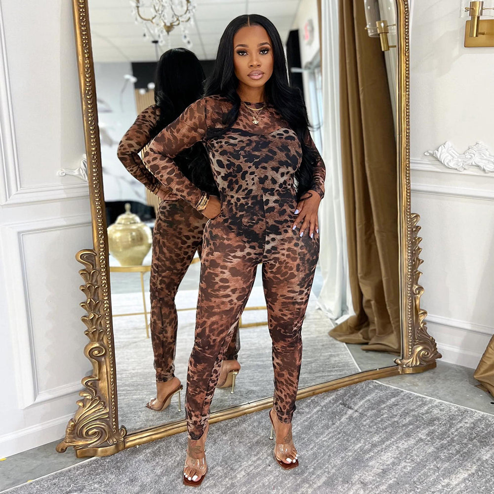 C7541 cross-border   fashion women's sexy leopard print mesh see-through jumpsuit