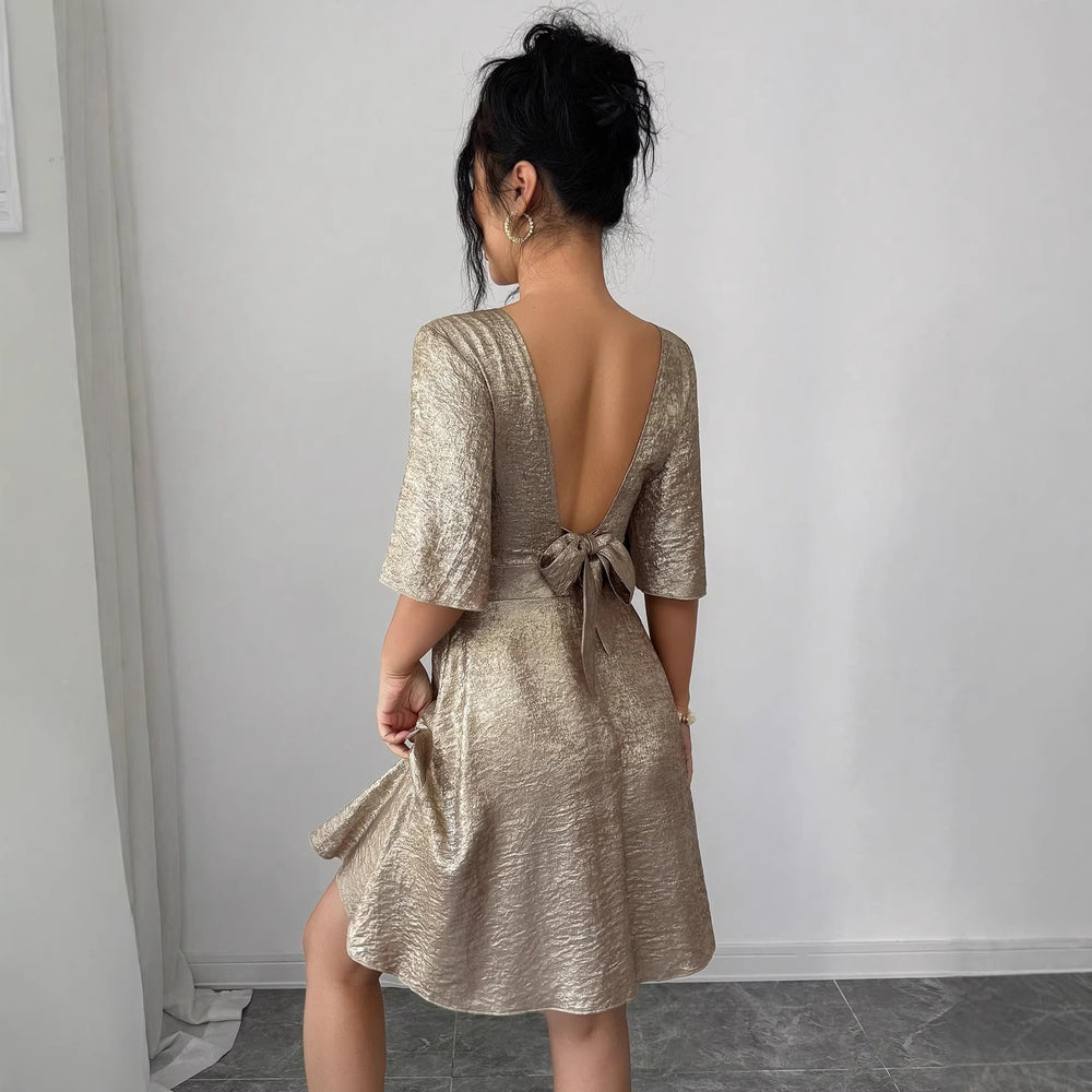 Amazon fashion cross-border women's flared sleeve backless tie-waist a-line mini dress