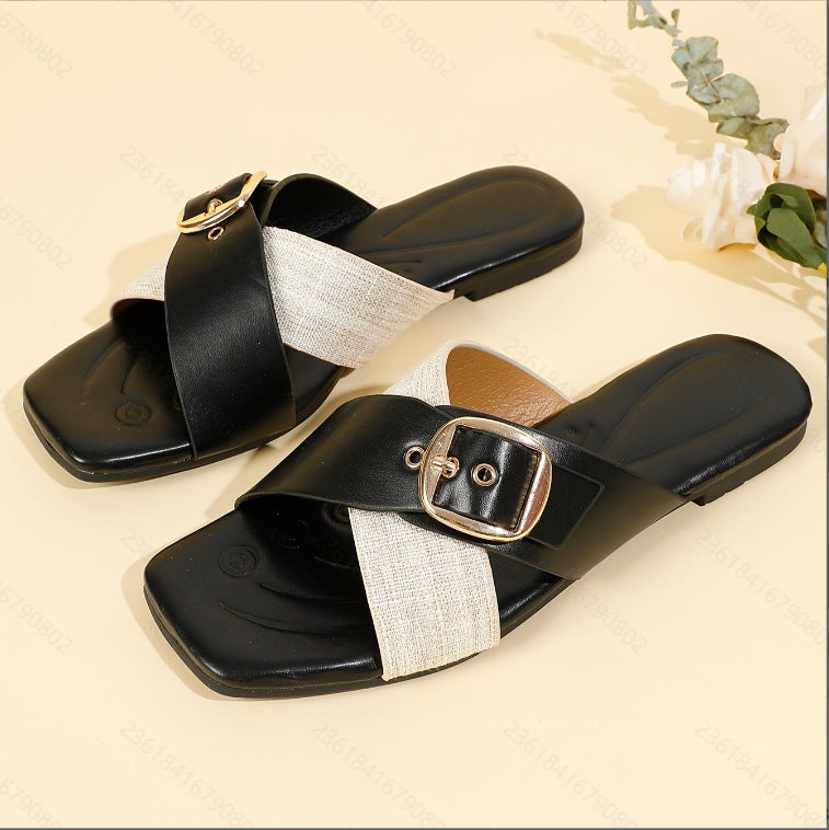 2025 summer new women's flat sandals - leather strap outdoor slides - black thong sandals
