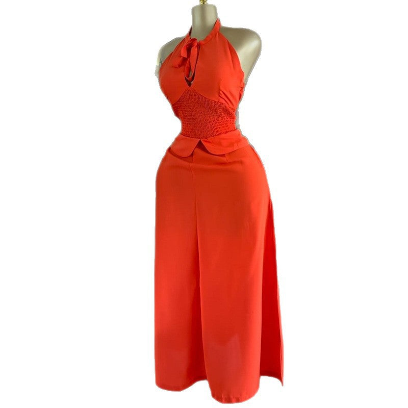 European and American  women's clothing 2025 summer new temperament neck strap sleeveless waist top skirt set