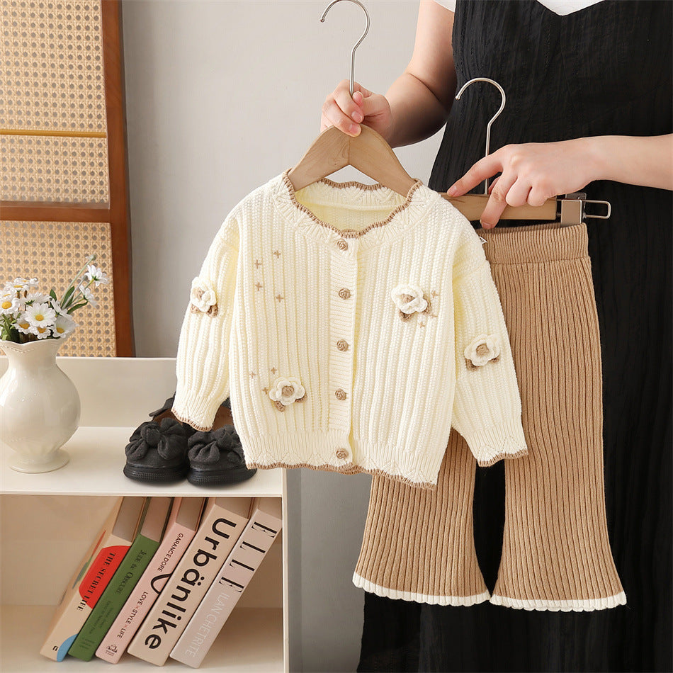 Girls' knit sweater jacket & pants set - new  collection with handmade floral accents