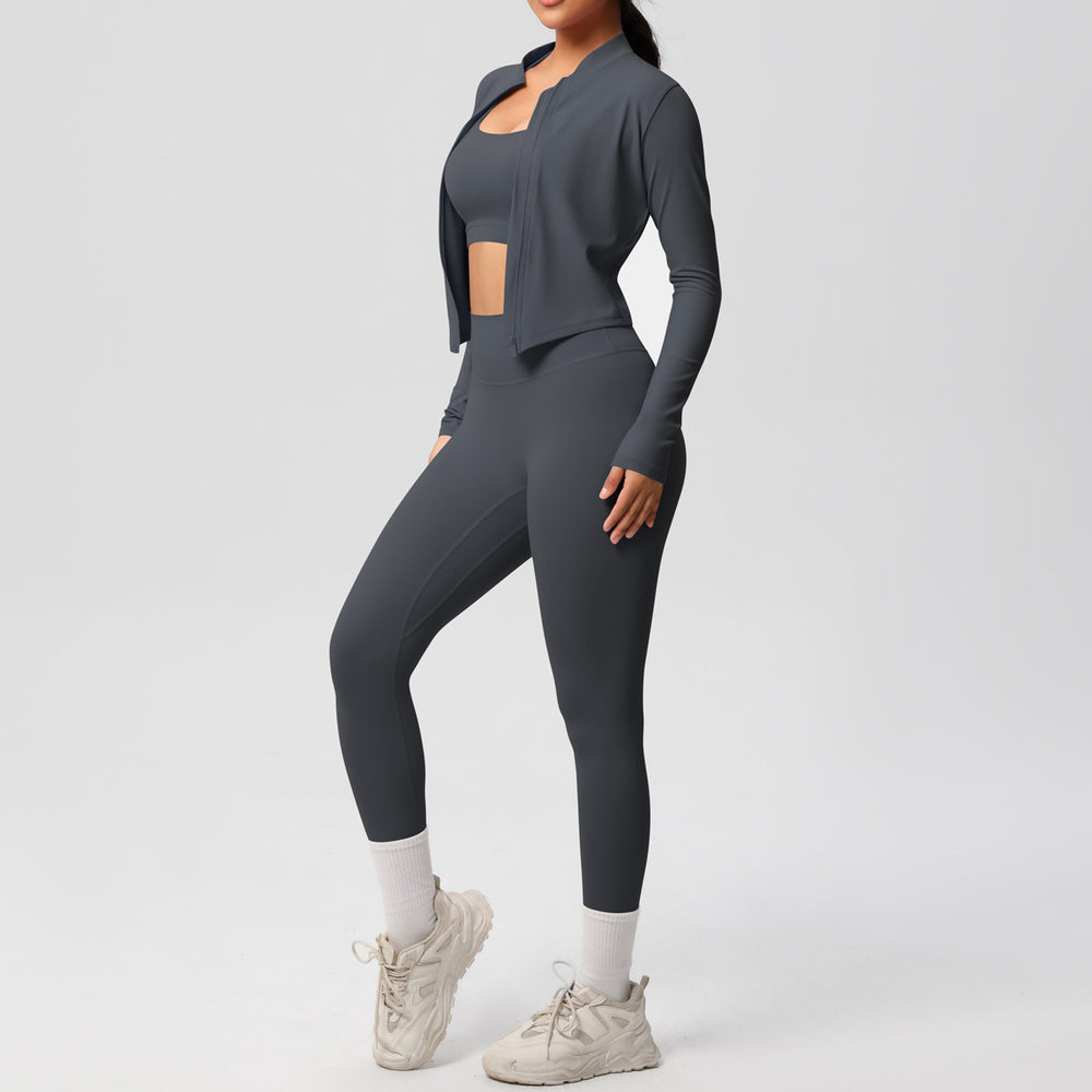 fashionpure color double-sided brushed tight sports yoga clothes three-piece set running fitness yoga clothes suit for women