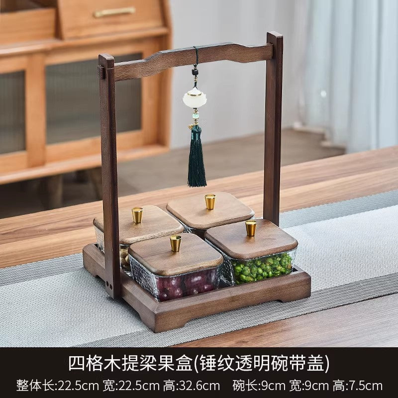 Chinoiserie walnut color dried fruit plate for home divided grids four-square grid lifting beam wedding new home glass bowl fruit plate fruit plate