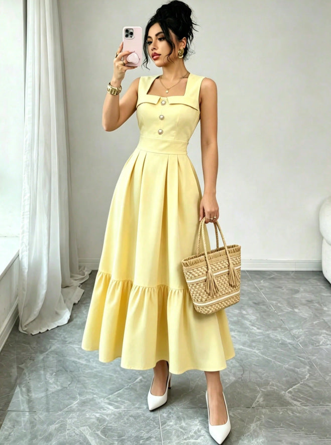 new european and american style cream yellow square neck sleeveless dress with pearl button detail, cinched waist, and pleated midi skirt