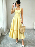 new european and american style cream yellow square neck sleeveless dress with pearl button detail, cinched waist, and pleated midi skirt