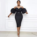 Plus size women's fashion: european & american style african-inspired dress - puff sleeve, off-the-shoulder, sexy bodycon midi dress with belt