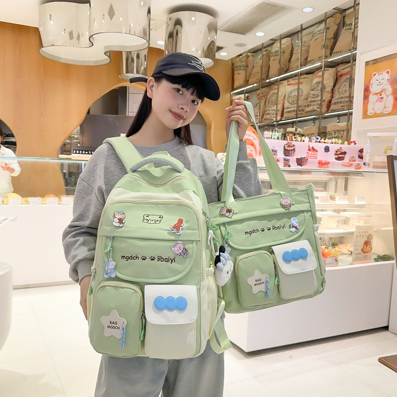 Spring, summer, middle and high school students, large-capacity backpacks, versatile burden reduction, fashion trend, two-piece set, schoolbag, tutoring bag
