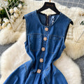 Summernew arrival sleeveless vest denim skirt women's waist slimming look heavy industry beading single-breasted pleated dress