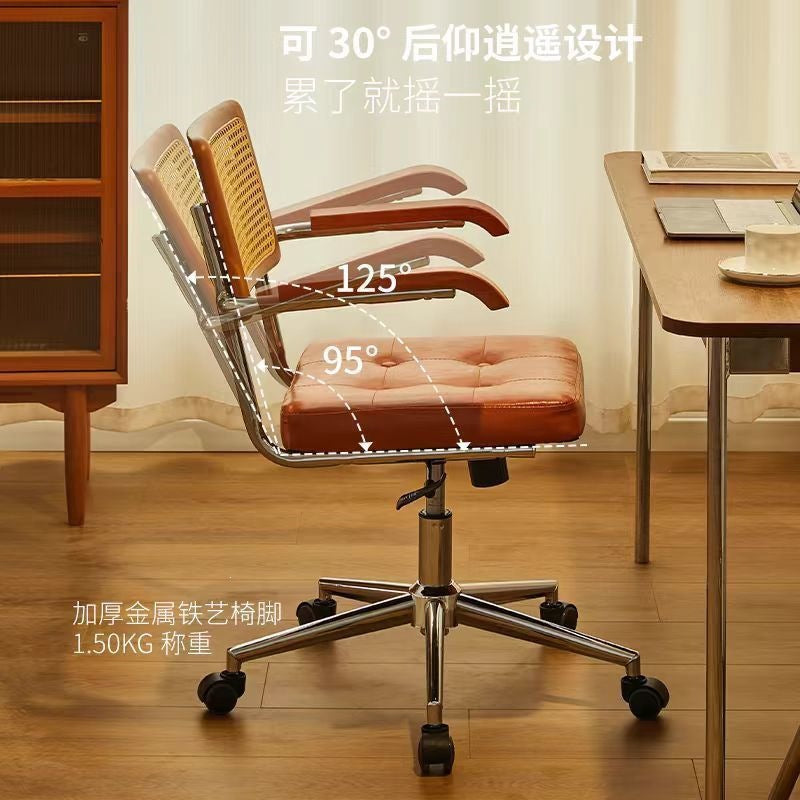 Vintage-style computer chair, home rattan woven retro swivel office chair, study bedroom learning backrest desk chair