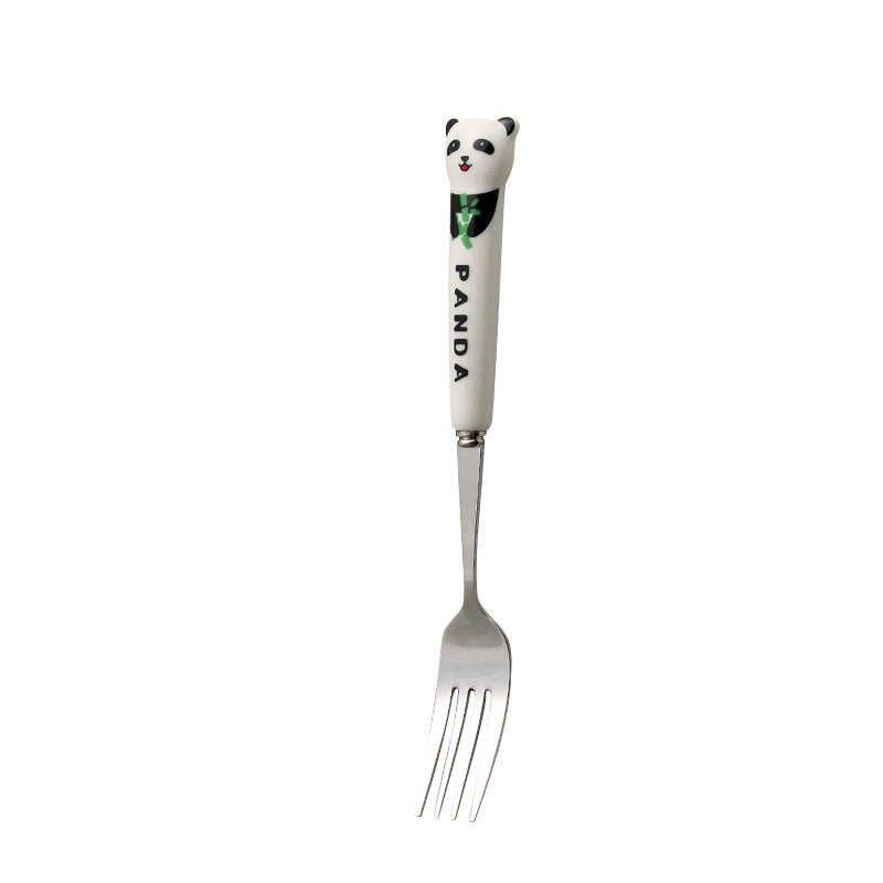 Cartoon stainless steel cutlery set: cute kids' forks with stylish ceramic handles, exquisite dessert spoons, and serving spoons