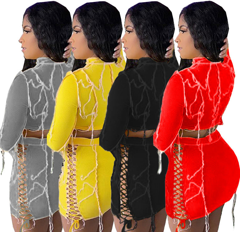 spring new european and american export women's clothing   fashionable sexy solid color drawstring mini skirt set