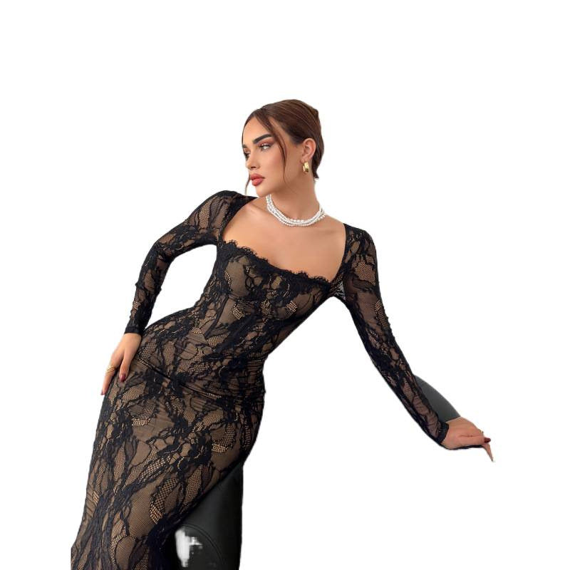 Women's lace romantic elegance square neck lace patchwork neckline long sleevesilmlongdress