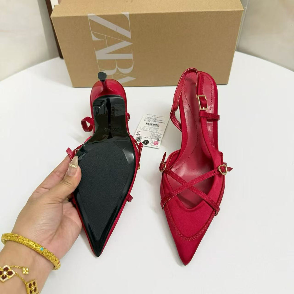 Za manufacturer 2026 spring export criss-cross buckle strap pointed-toe high heel sandals, british style mule women's shoes
