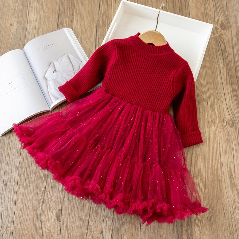 Christmas dress girls' sweater dress  autumn/winter new princess dress new year's outfit tutu skirt set
