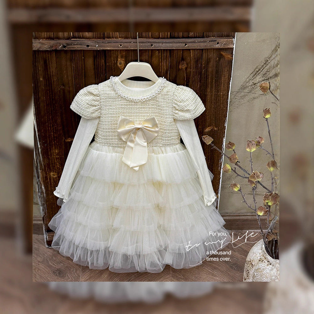 Girls' dress  autumn new style elegant formal dress bowknot mesh skirt flower girl princess dress birthday outfit