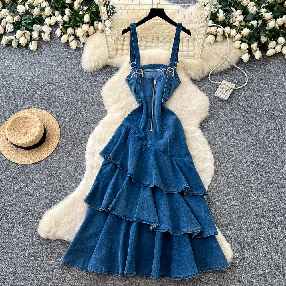 Korean style denim cami cake dress for women,  summer ruffle asymmetrical mermaid skirt, slimming and elegant