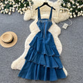 Korean style denim cami cake dress for women,  summer ruffle asymmetrical mermaid skirt, slimming and elegant