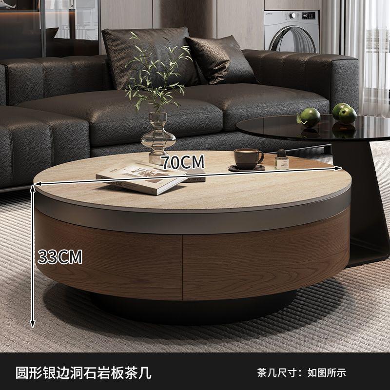 Travertine rock slab coffee table set for home living room, premium light luxury retro style, walnut color cabinet, round coffee table combination