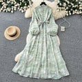 French romantic lantern sleeve printed dress - women's summer slimming a-line maxi dress - elegant workwear