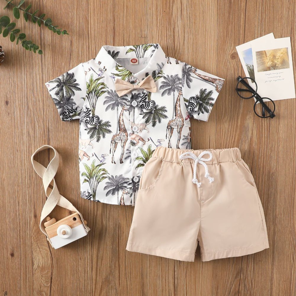 Amazon new spring/summer boys' leaf print short sleeve and shorts set - beach vacation style two-piece outfit