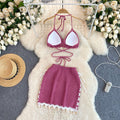 Beach vacation bikini set - women's versatile tassel halter top & knit midi skirt two-piece
