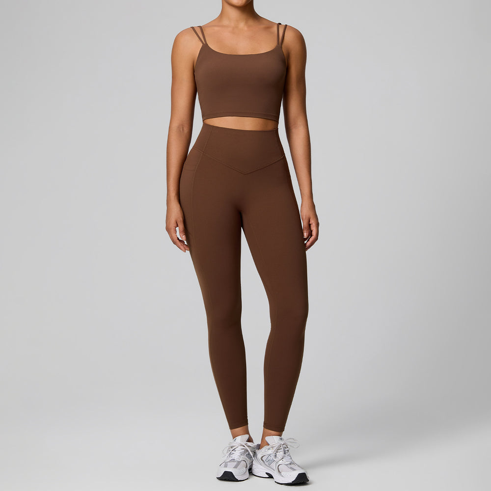 high waistflap pocket pants sportswear two-piece set women's high elastic shaping quick-drying fitness clothes running yoga clothes suit