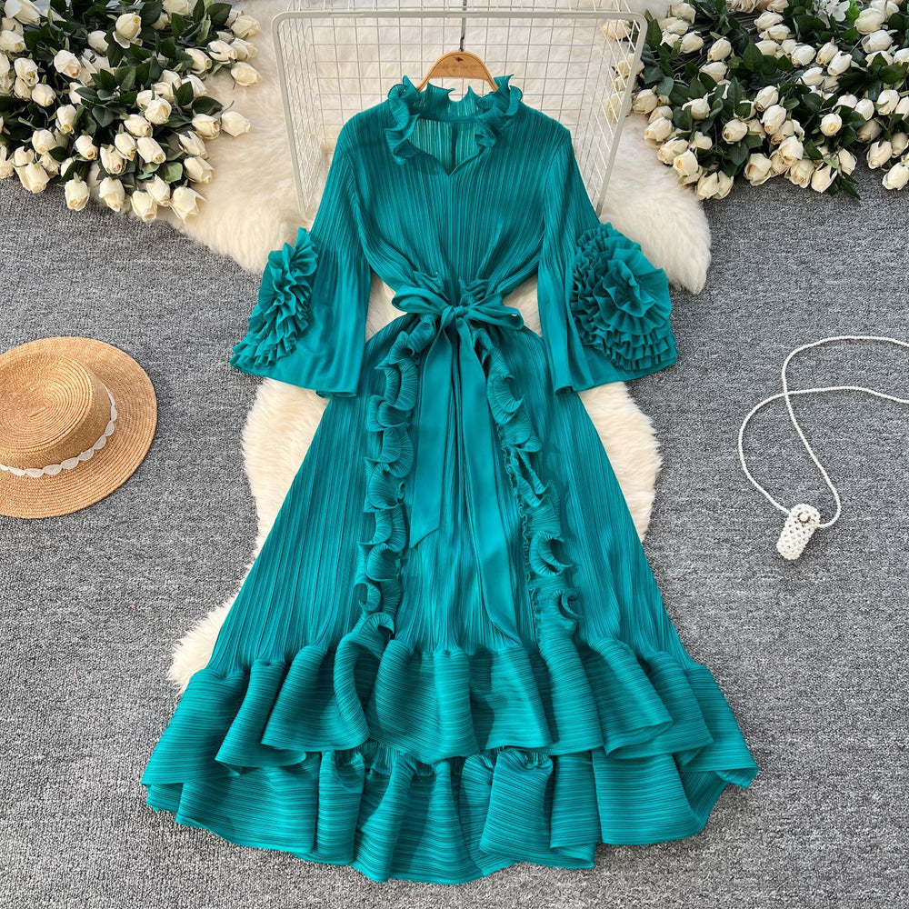 Miya european and american style dress - women's spring collection - high-end, 3d floral design, tie-waist, ruffle hem, pleated maxi dress