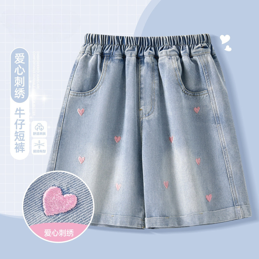 Girls' denim shorts - lightweight summer style, new  collection. trendy, breathable embroidered shorts for girls and big girls