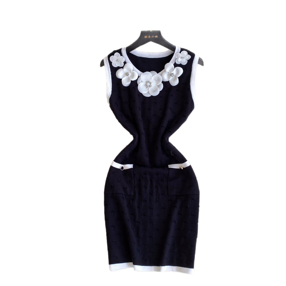Xiaoxiangfeng stereo flower sleeveless knittingdress female summernew arrival silmslimming look a-line skirt classy sense