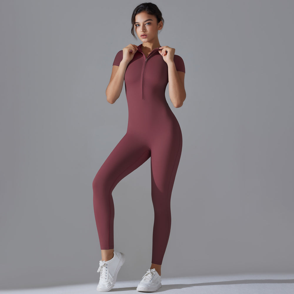 New solid color zip-up compression high-stretch short sleeve bodysuit activewear - workout, fitness, running, cropped leggings, yoga outfit