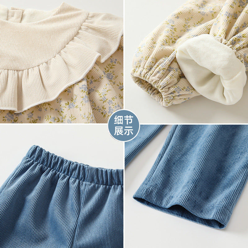 Girls' country style autumn outfit  new arrival: chic lotus lace floral top and shorts set - wholesale