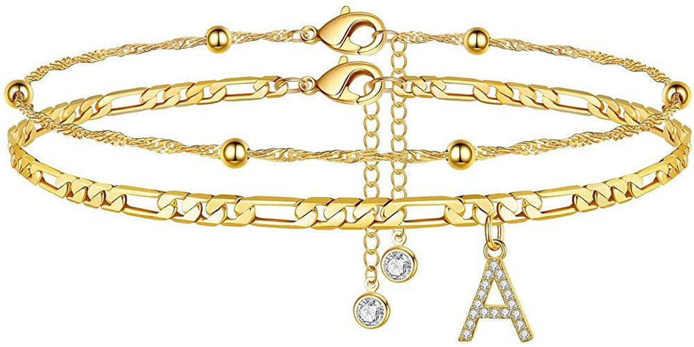 export hot-selling 26-letter anklet, zircon letter anklet, minimalist fashion seed bead cuban double-layer anklet