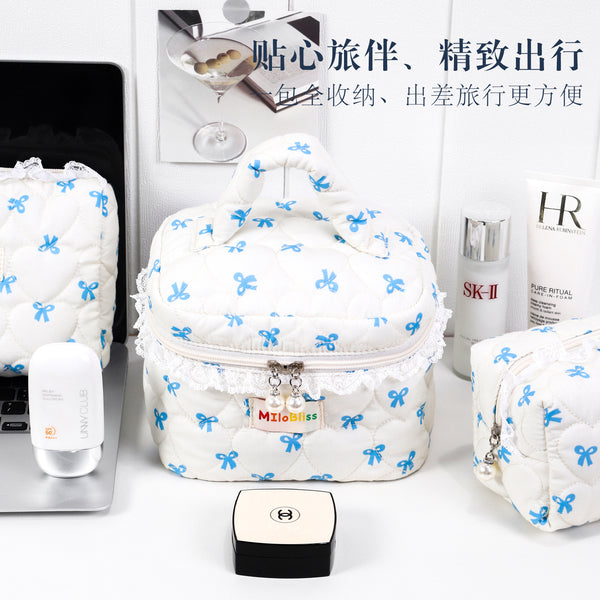 Niche Cute Bow Cosmetic Bag Premium Sense Portable Wash Bag Travel Portable Cosmetics Storage Bag