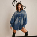 Export spring & fall lapel sense of design metal buckle retro gradient color washed looselong sleeves denim shirt shirt for women