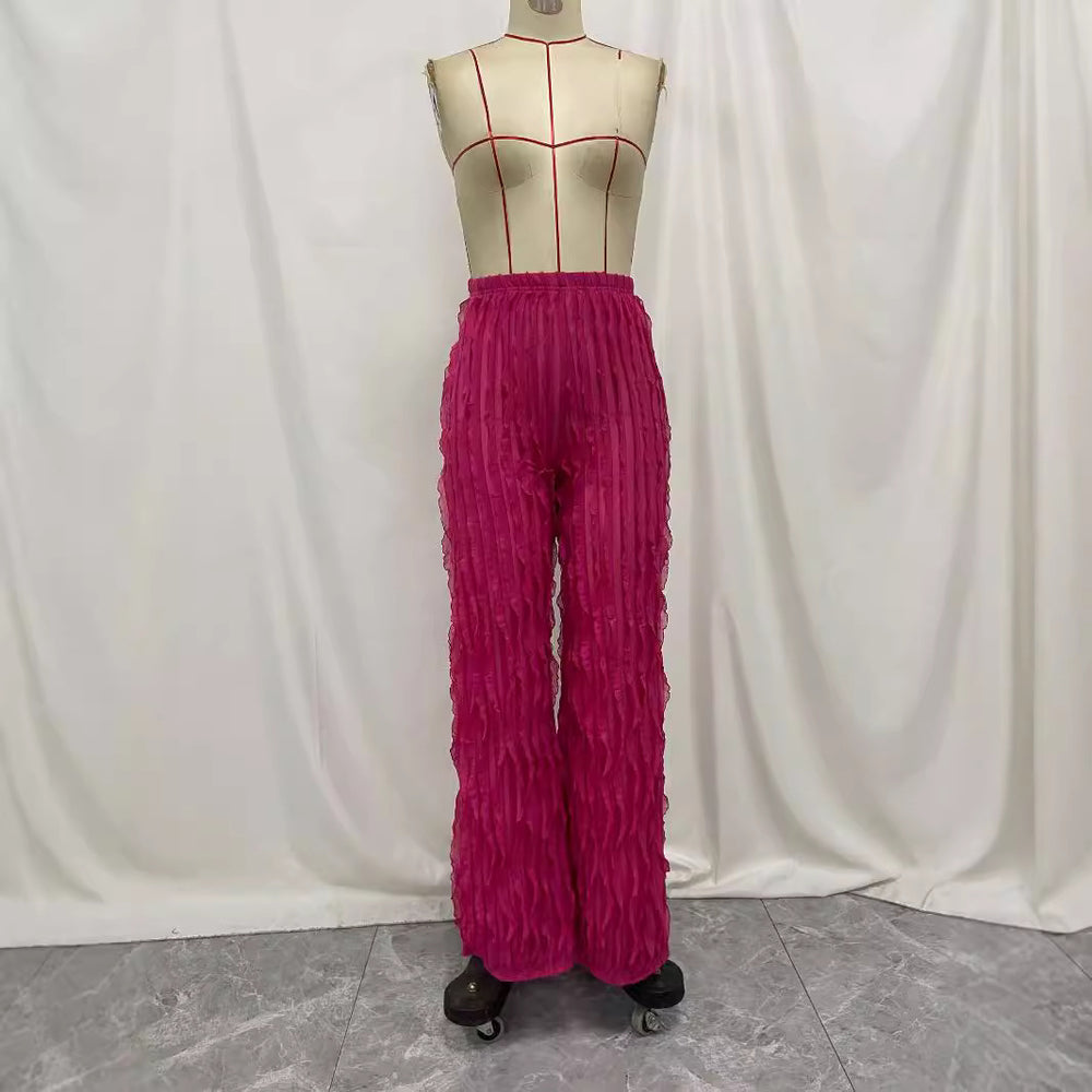 autumn european and american cross-border fashion women's mesh wave pattern high-waisted wide-leg loose pants