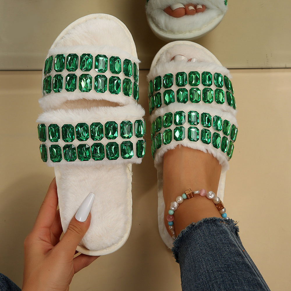 Rhinestone cotton slippers 2024 new women's winter fleece-lined thickened couple student plush slippers home indoor cotton slippers
