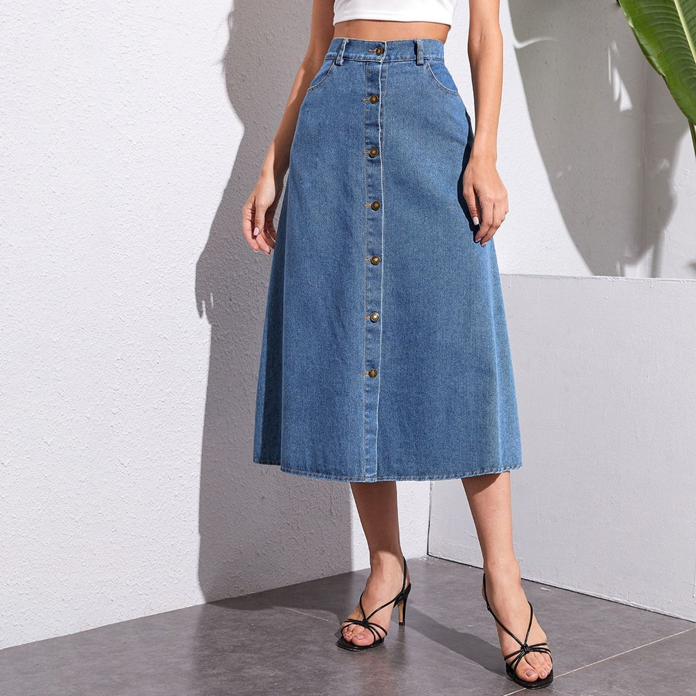 Pre-sale-20071#  cross-border women's fashion european and american ins fashion buttoned high waist denim half-length skirt