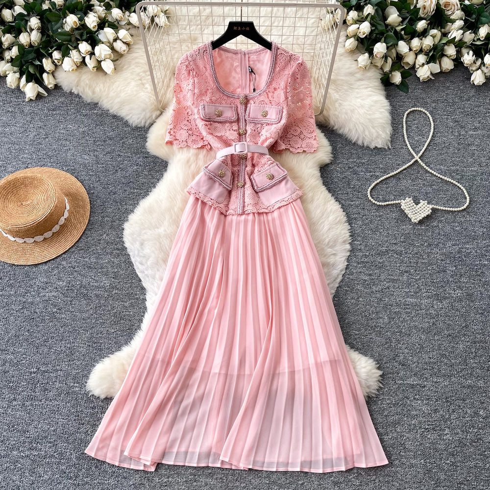 Elegant red lace short-sleeve patchwork dress - women's summer high-end commute style with pleated skirt