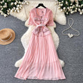 Elegant red lace short-sleeve patchwork dress - women's summer high-end commute style with pleated skirt