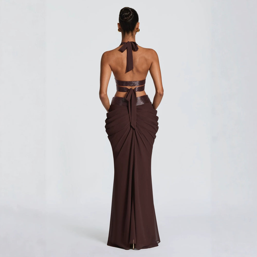 Amazon women's halter deep v sequin waistless suspender sexy back strap pleated hip skirt suit