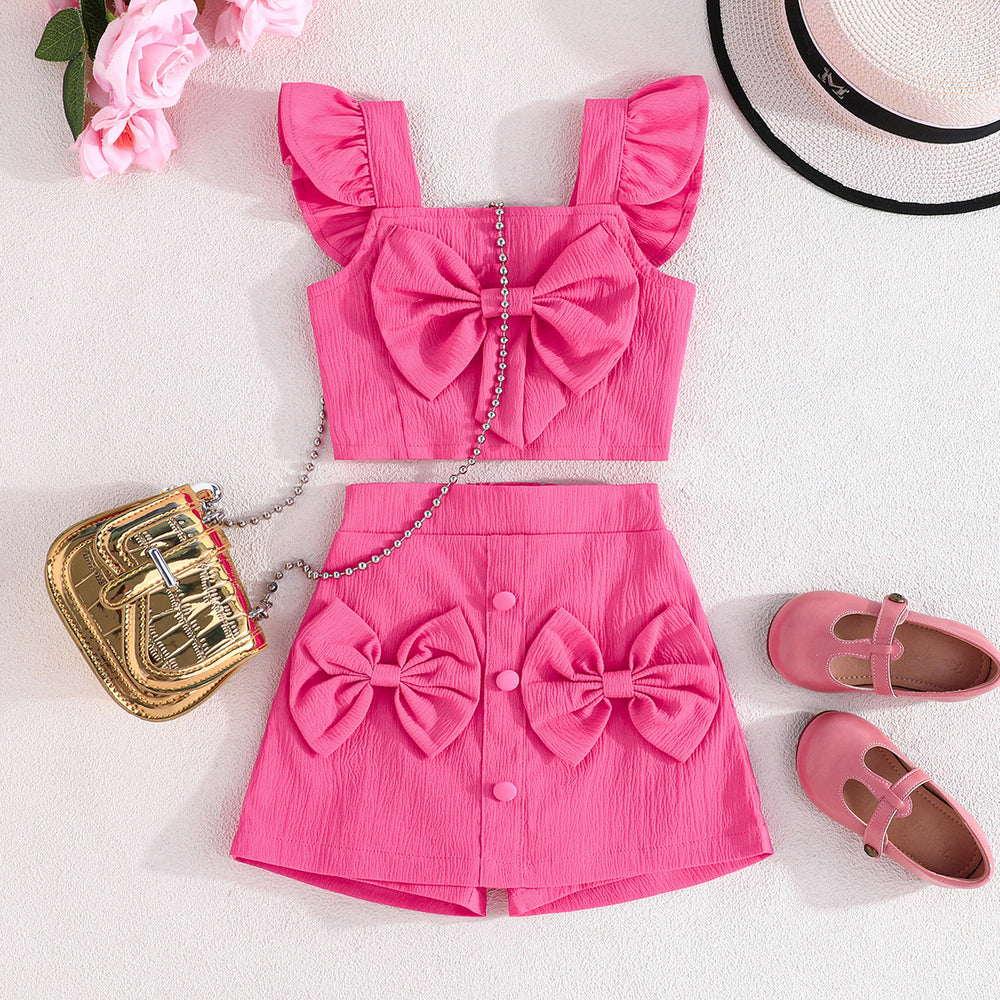 european and american cross-border ins hot-selling fashion flutter sleeve top with bow + bowknot skirt set