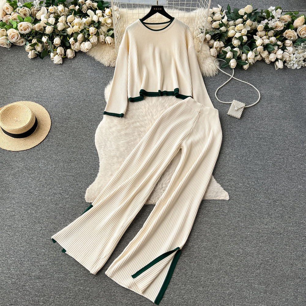 Hong kong style retrofashioncasualloose round neck long sleevesknitting shirttopstwo-piece set women's high waistcontrast color side pants