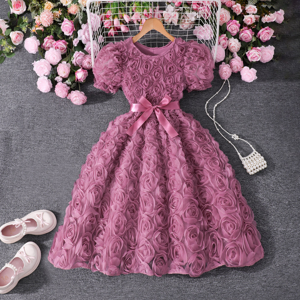 Girls' dress (sizes for mid-to-large children), 3d rose embellished dress + bow belt