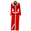 Export french tweed styleelegancecontrast color lapel buttons waist slim elegant slit over-the-knee knittingdress