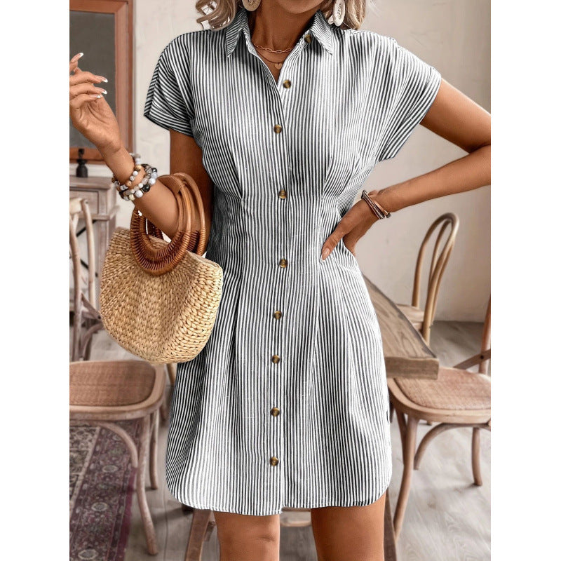 Shipped: cross-border  fashion summer shirt dress - blue striped cardigan short-sleeve dress