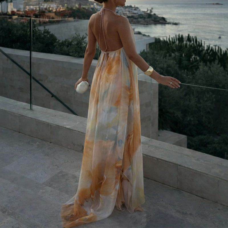 women's summer new arrivals: export-quality, cross-border fashion - elegant, loose-fit, printed halter neck tie-back dress