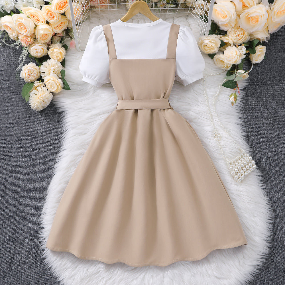 Big kids' (girls') dress, double-breasted suspender dress, short-sleeve faux two-piece dress
