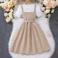 Big kids' (girls') dress, double-breasted suspender dress, short-sleeve faux two-piece dress