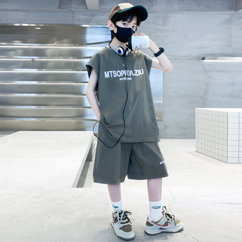 Boys' summer outfit  new style: sleeveless summer set for kids, stylish and trendy, mid-to-large size children's clothing, sportswear, handsome look